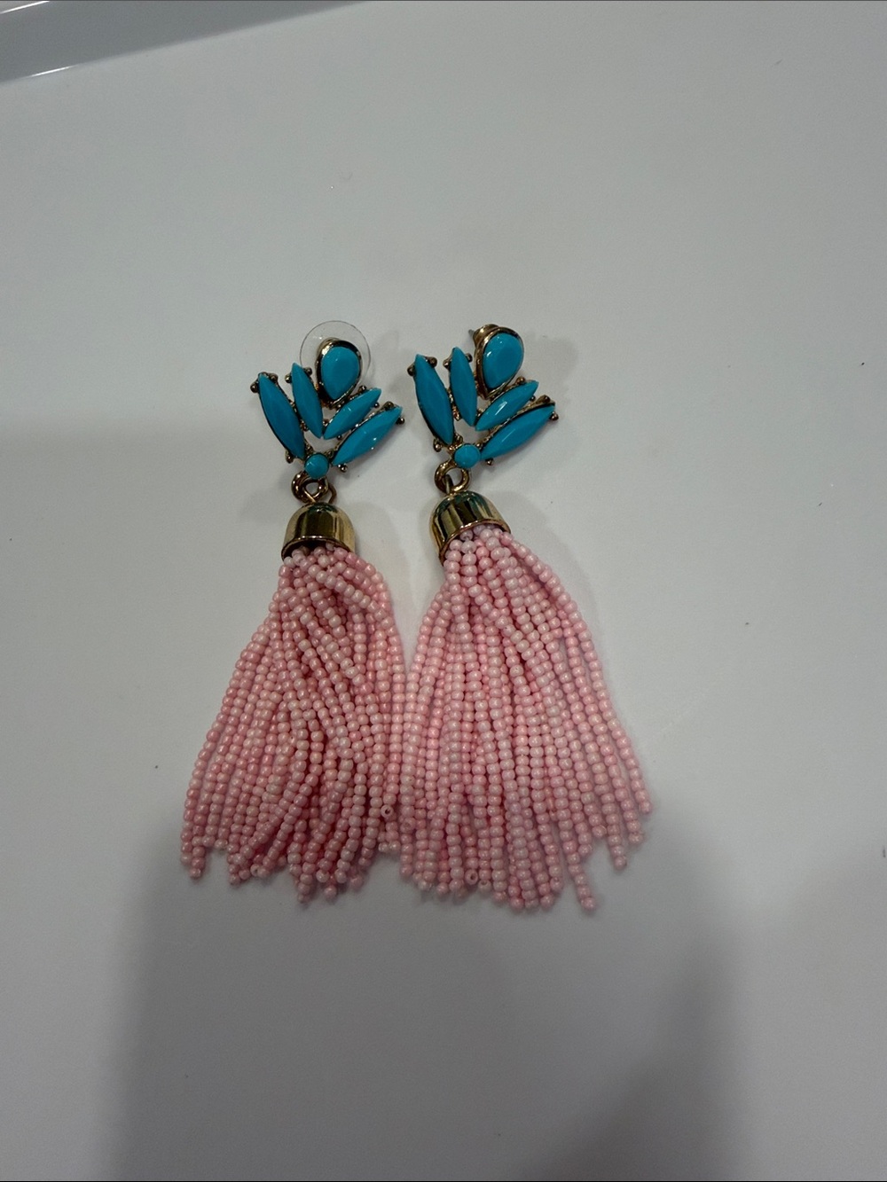 Pink Beaded Tassel Drop Earrings with Turquoise Accents